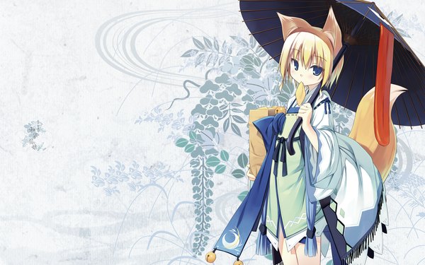 Anime picture 1920x1200 with original poco (asahi age) hiiragi ryou single looking at viewer blush highres short hair blue eyes wide image traditional clothes wallpaper fox ears fox tail fox girl girl tongue umbrella