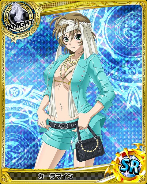 Anime picture 640x800 with highschool dxd single tall image looking at viewer short hair blue eyes light erotic brown hair card (medium) girl navel shorts bag bikini top beads