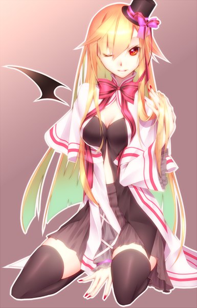 Anime picture 1028x1600 with original kawasaki toiro single tall image looking at viewer blonde hair red eyes very long hair one eye closed wink girl thighhighs dress bow black thighhighs hat mini hat mini top hat