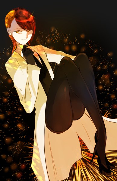 Anime picture 1748x2700 with houseki no kuni rutile (houseki no kuni) kayanogura single tall image highres short hair yellow eyes full body red hair multicolored hair two-tone hair sparkle high heels legs black background white skin androgynous gloves pantyhose