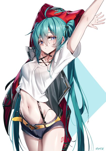 Anime picture 1400x2000 with vocaloid hatsune miku qys3 single long hair tall image looking at viewer fringe blue eyes light erotic simple background hair between eyes twintails signed payot ahoge aqua hair arms up open jacket bare belly