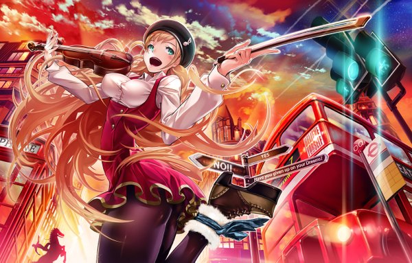 Anime picture 1270x811 with original nishiizumi tasuku single blush open mouth blonde hair green eyes cloud (clouds) very long hair evening sunset girl dress pantyhose beret ground vehicle violin bus