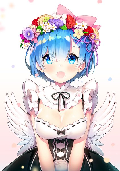 Anime picture 800x1138 with re:zero kara hajimeru isekai seikatsu white fox rem (re:zero) ayami (annahibi) single tall image looking at viewer blush fringe short hair breasts open mouth blue eyes hair between eyes large breasts blue hair cleavage upper body hair flower white wings