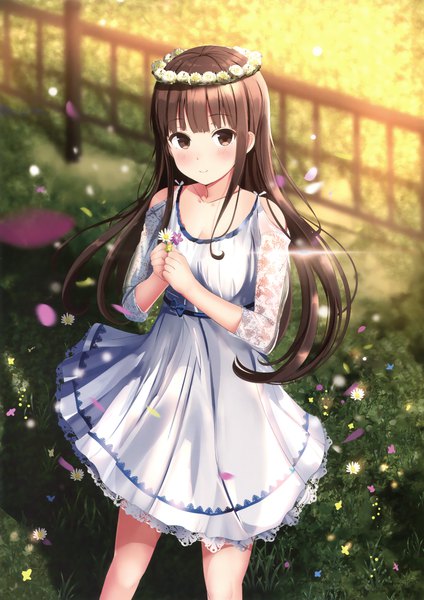 Anime picture 2473x3500 with original morerin single long hair tall image looking at viewer blush highres brown hair brown eyes scan official art girl flower (flowers) petals sundress