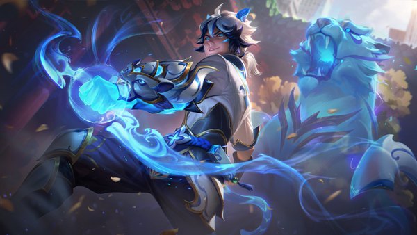 Anime picture 4096x2304 with league of legends ezreal (league of legends) single looking at viewer fringe highres short hair blue eyes hair between eyes wide image standing holding animal ears blue hair absurdres outdoors white hair tail parted lips animal tail