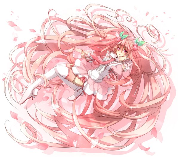Anime picture 1435x1260 with vocaloid hatsune miku sakura miku rirumu (artist) single simple background red eyes white background twintails pink hair very long hair girl thighhighs dress petals white thighhighs necktie food berry (berries) cherry