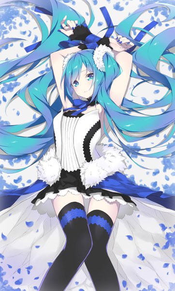 Anime picture 1450x2400 with 7th dragon 2020 vocaloid hatsune miku fhang single tall image looking at viewer twintails lying very long hair nail polish aqua eyes fingernails from above aqua hair arms up on back alternate costume fur trim crossed arms