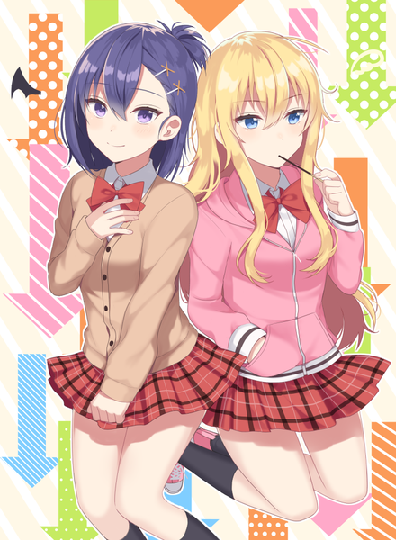 Anime picture 743x1013 with gabriel dropout doga kobo tenma gabriel white tsukinose vignette april izumo neru long hair tall image looking at viewer fringe short hair blue eyes blonde hair hair between eyes purple eyes multiple girls looking away purple hair ahoge hand on chest plaid skirt