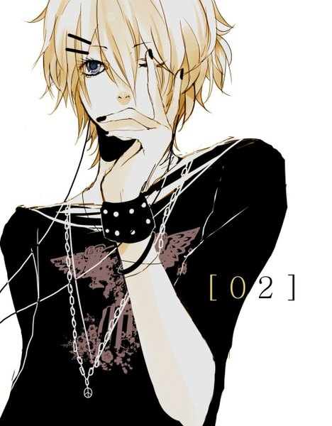 Anime picture 1000x1280 with vocaloid kagamine len tagme (artist) single tall image short hair blue eyes simple background blonde hair white background purple eyes upper body nail polish inscription black nail polish peace symbol boy hair ornament wings bracelet