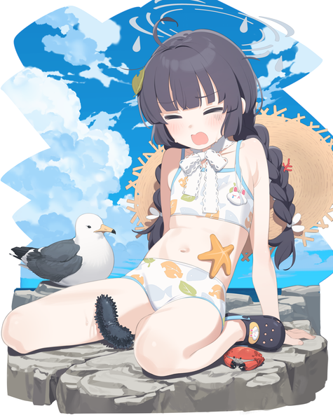Anime picture 1800x2276 with blue archive crocs miyu (blue archive) miyu (swimsuit) (blue archive) kaniman single long hair tall image blush fringe highres open mouth light erotic black hair sitting sky cloud (clouds) ahoge blunt bangs braid (braids)