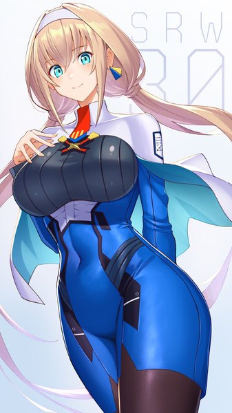 Anime picture 1080x1920 with super robot wars super robot wars 30 mitsuba greyvalley takamine nadare single long hair tall image looking at viewer fringe blue eyes light erotic blonde hair smile hair between eyes white background twintails copyright name low twintails covered navel hand on chest