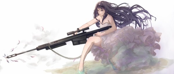 Anime picture 2475x1052 with mahou shoujo madoka magica shaft (studio) akemi homura juu roku gen single long hair fringe highres open mouth black hair simple background wide image white background purple eyes bare shoulders holding looking away bent knee (knees) wind sleeveless