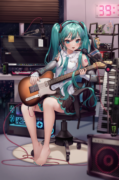 Anime picture 3025x4580 with vocaloid hatsune miku aina 156cm single long hair tall image blush fringe highres open mouth hair between eyes twintails holding looking away absurdres nail polish pleated skirt barefoot aqua eyes aqua hair