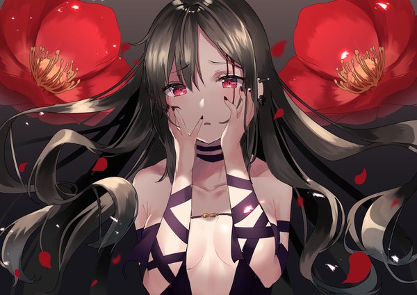 Anime picture 2048x1448 with fate (series) fate/grand order yu mei-ren (fate) akuta hinako fou (ssqseeker) single long hair looking at viewer blush fringe highres breasts open mouth light erotic black hair hair between eyes red eyes upper body nail polish floating hair