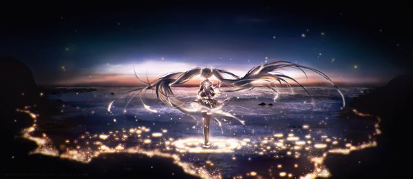 Anime picture 3100x1350 with vocaloid hatsune miku lengchan (fu626878068) single looking at viewer highres wide image standing twintails full body ahoge very long hair wind beach partially submerged glowing horizon rock dark hair morning