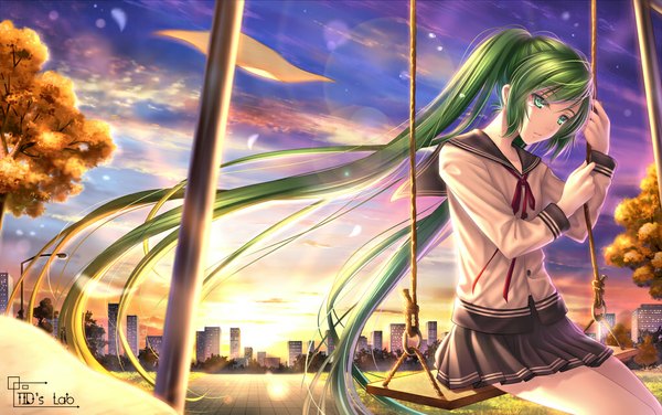 Anime picture 1020x640 with vocaloid hatsune miku tidsean single long hair twintails green eyes green hair city evening sunset girl plant (plants) tree (trees) serafuku swing