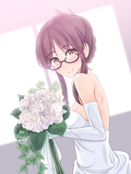 Anime picture 900x1200 with idolmaster akizuki ritsuko hiiragi hajime single tall image looking at viewer blush short hair black hair smile bare shoulders brown eyes girl dress gloves flower (flowers) glasses elbow gloves bouquet wedding dress