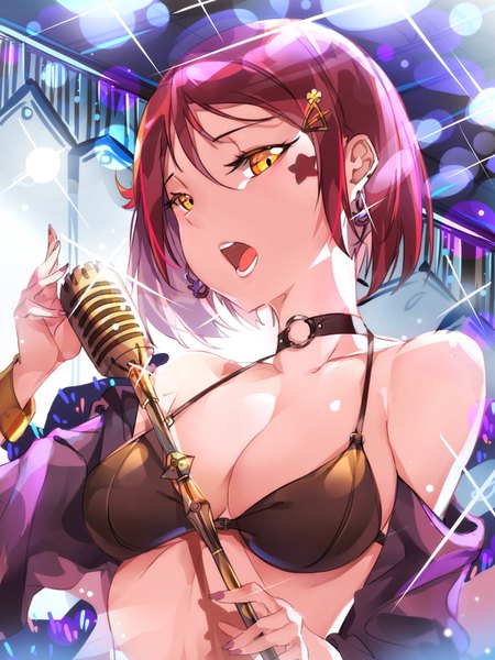 Anime picture 1200x1600 with love live! sunshine!! sunrise (studio) love live! sakurauchi riko tem10 single tall image looking at viewer short hair breasts light erotic yellow eyes red hair nail polish :o sparkle from below alternate hairstyle alternate hair length girl