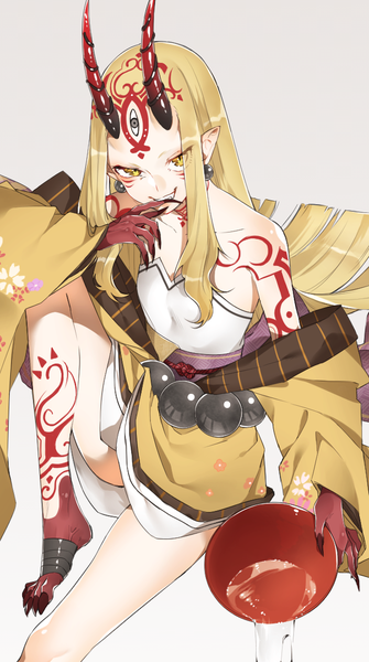 Anime picture 649x1160 with fate (series) fate/grand order ibaraki douji (fate) sino42 single long hair tall image looking at viewer simple background blonde hair smile sitting yellow eyes traditional clothes japanese clothes horn (horns) pointy ears off shoulder gradient background slit pupils