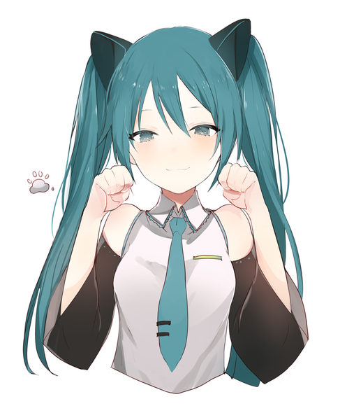 Anime picture 700x863 with vocaloid hatsune miku lpip single long hair tall image looking at viewer blush fringe blue eyes simple background smile hair between eyes white background twintails bare shoulders animal ears payot blue hair upper body
