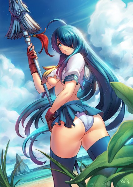 Anime picture 850x1200 with ikkitousen kanu unchou reiq (artist) single tall image fringe breasts blue eyes light erotic blue hair ass very long hair looking back from behind hair over one eye girl thighhighs skirt gloves underwear