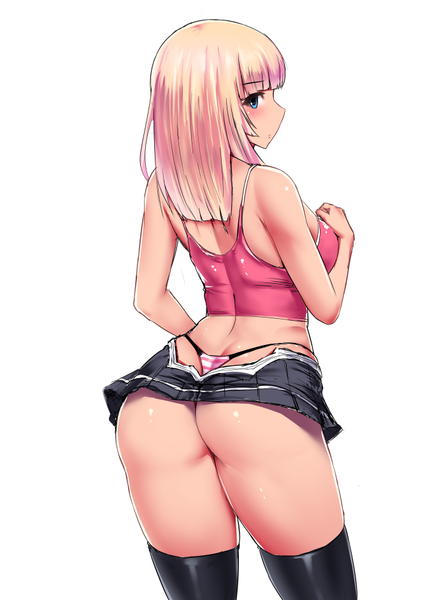 Anime picture 700x941 with original ishimiso (ishimura) single long hair tall image looking at viewer blush fringe breasts blue eyes light erotic simple background blonde hair large breasts ass blunt bangs profile looking back from behind midriff