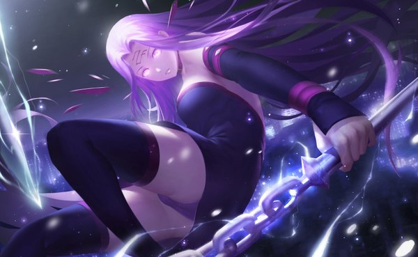 Anime picture 1600x984 with fate (series) fate/stay night type-moon rider yijian ma single long hair looking at viewer light erotic wide image purple eyes bare shoulders holding purple hair bent knee (knees) from above night night sky city facial mark