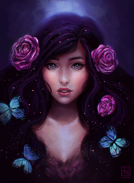 Anime picture 734x1000 with real life alodia gosiengfiao abigail diaz single long hair tall image looking at viewer black hair signed parted lips hair flower realistic grey eyes lipstick portrait pink lipstick hair over breasts girl hair ornament flower (flowers)
