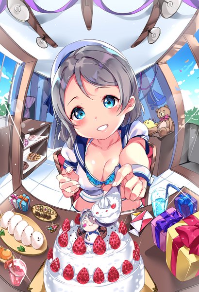 Anime picture 1000x1463 with love live! sunshine!! sunrise (studio) love live! watanabe you tem10 single tall image looking at viewer blush fringe short hair breasts blue eyes light erotic smile large breasts sitting holding payot sky