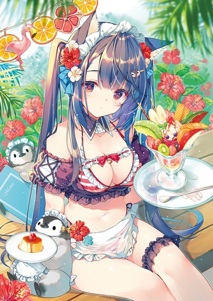 Anime picture 1357x1920 with original miwabe sakura single long hair tall image looking at viewer blush fringe breasts light erotic black hair red eyes sitting twintails bare shoulders holding animal ears payot ahoge outdoors