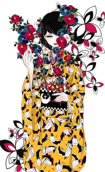 Anime picture 1000x1639 with original mzhbank single tall image blush fringe short hair black hair simple background standing white background holding long sleeves nail polish traditional clothes parted lips japanese clothes fingernails wide sleeves lipstick