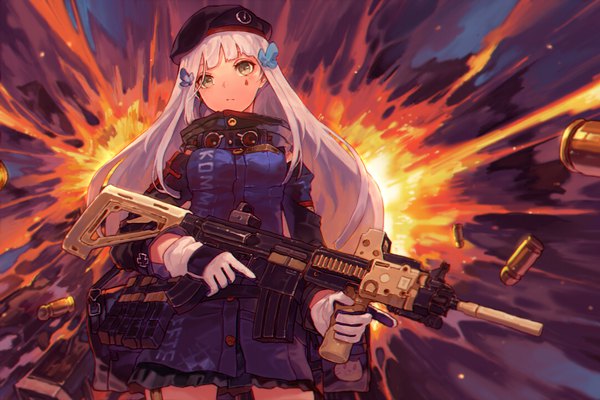 Anime picture 1080x720 with girls frontline hk416 (girls frontline) hong da single long hair fringe standing holding yellow eyes looking away silver hair blunt bangs facial mark expressionless explosion girl skirt gloves hair ornament weapon