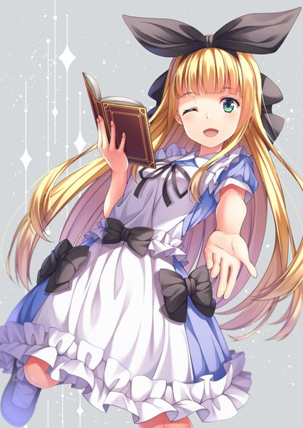 Anime picture 1000x1412 with virtual youtuber nijisanji mononobe alice yuuri nayuta single long hair tall image looking at viewer blush fringe open mouth blonde hair green eyes blunt bangs one eye closed wink grey background frilled dress outstretched hand girl