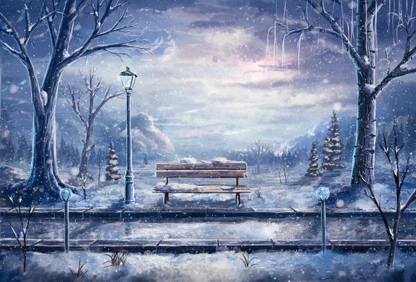 Anime picture 2000x1361 with original sylar113 highres cloud (clouds) outdoors snowing winter snow mountain no people landscape bare tree plant (plants) tree (trees) grass lantern bench lamppost icicle