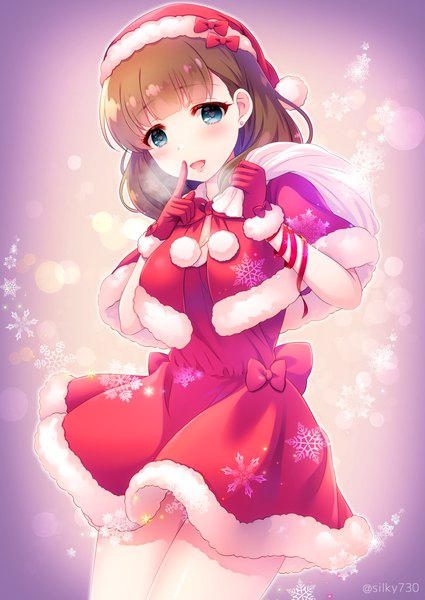 Anime picture 1062x1500 with idolmaster idolmaster cinderella girls sakuma mayu silky (silky alice) single tall image looking at viewer fringe short hair open mouth blue eyes brown hair signed blunt bangs :d fur trim twitter username finger to mouth symbol-shaped pupils christmas