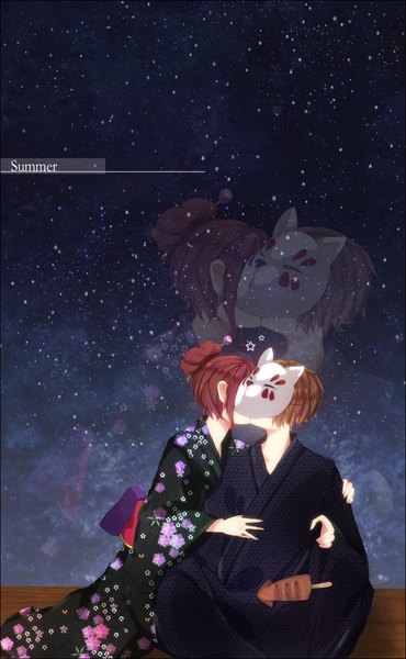 Anime picture 1381x2235 with original hiiro (artist) tall image short hair japanese clothes night hair bun (hair buns) night sky couple hug kiss summer zoom layer girl boy food kimono star (stars) mask