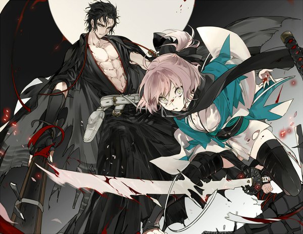 Anime picture 1316x1021 with fate (series) fate/grand order koha-ace okita souji (fate) (all) okita souji (koha-ace) hijikata toshizou (fate/grand order) suou short hair black hair simple background standing white background green eyes looking away pink hair traditional clothes japanese clothes black eyes blurry wide sleeves