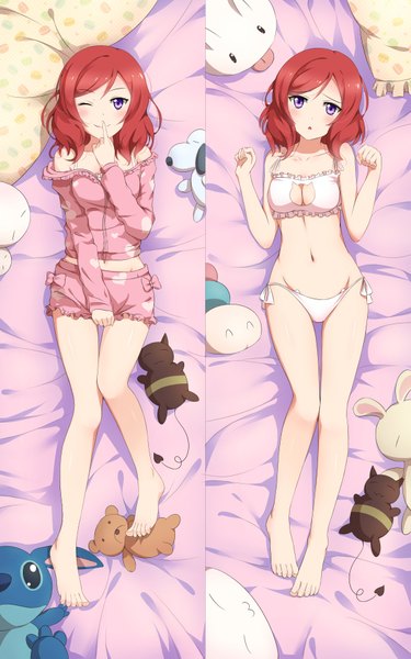 Anime picture 591x945 with love live! school idol project sunrise (studio) love live! nishikino maki xiao ren tall image blush short hair open mouth light erotic smile purple eyes bare shoulders red hair one eye closed barefoot wink underwear only finger to mouth dakimakura (medium)