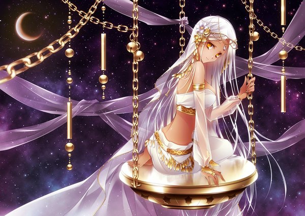Anime picture 877x620 with original drugstore04 single looking at viewer sitting yellow eyes very long hair girl hair ornament detached sleeves chain