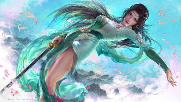 Anime picture 1920x1080 with battle through the heavens (manhua) yun yun (doupo cangqiong) yankong bu single long hair looking at viewer fringe highres breasts blue eyes black hair wide image holding traditional clothes realistic dutch angle wallpaper lipstick watermark side slit