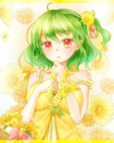 Anime picture 1200x1500 with touhou kazami yuuka shironeko yuuki single tall image looking at viewer short hair open mouth light erotic bare shoulders upper body hair flower green hair one side up breast hold girl hair ornament flower (flowers) ribbon (ribbons) hair ribbon