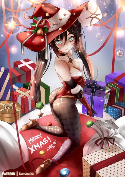 Anime picture 1060x1500 with genshin impact mona megistus zasshu single long hair tall image looking at viewer fringe breasts light erotic black hair hair between eyes large breasts twintails holding signed payot cleavage full body bent knee (knees)