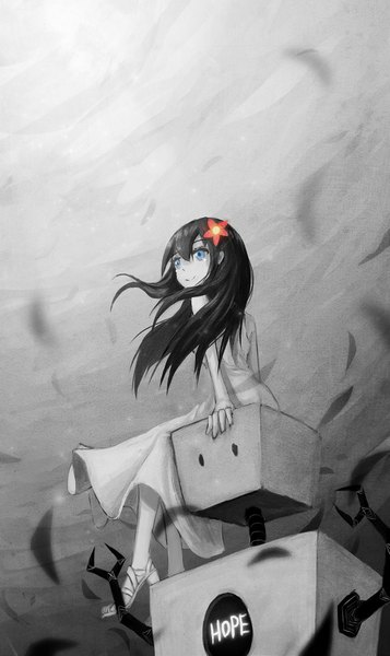 Anime picture 1310x2201 with original samael single long hair tall image black hair sitting bare shoulders looking away barefoot monochrome girl dress hair ornament flower (flowers) shoes robot