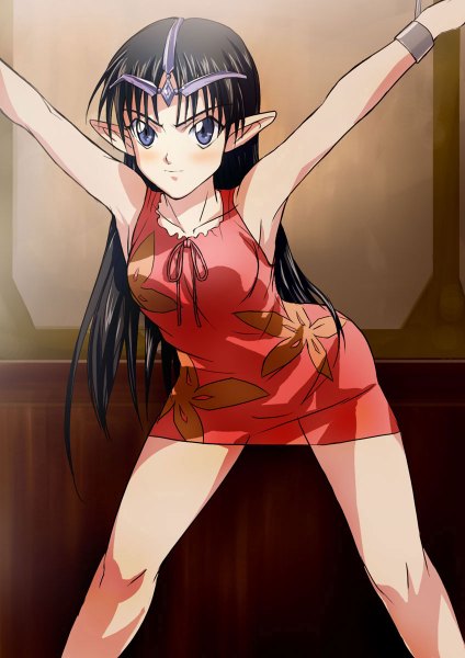 Anime picture 848x1200 with seikai no senki lafiel single long hair tall image blush fringe blue eyes light erotic black hair indoors pointy ears armpit (armpits) spread legs floral print eyebrows angry girl dress hair ornament