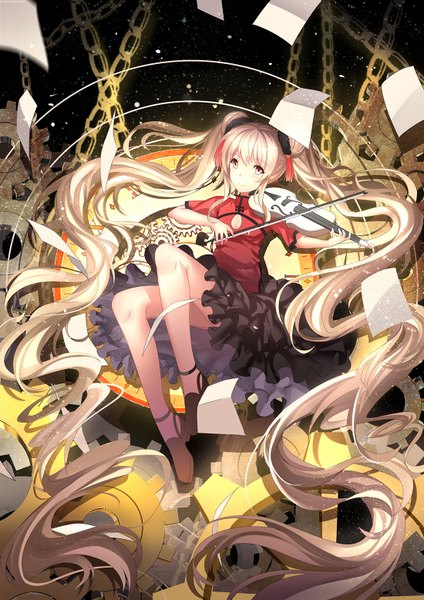 Anime picture 1100x1556 with original yeluno meng single tall image looking at viewer blonde hair yellow eyes very long hair playing instrument girl dress chain musical instrument paper gears violin bow (instrument)