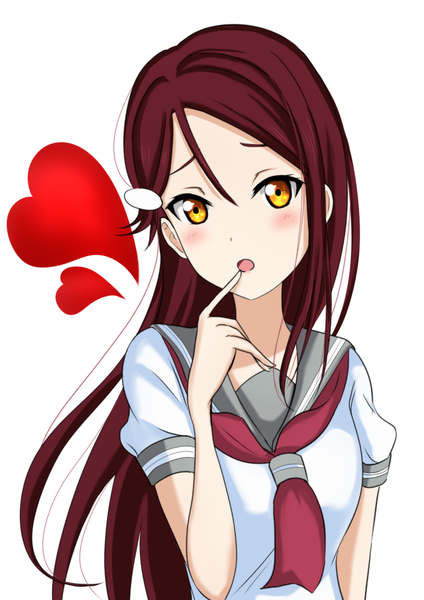 Anime picture 1100x1555 with love live! sunshine!! sunrise (studio) love live! sakurauchi riko moonlight-k single long hair tall image looking at viewer blush fringe open mouth simple background hair between eyes white background yellow eyes upper body red hair short sleeves finger to mouth