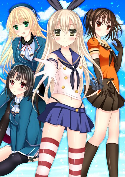 Anime picture 778x1100 with kantai collection shimakaze destroyer atago heavy cruiser takao heavy cruiser sendai light cruiser sendai (kantai collection) yuzukaze rio tall image looking at viewer blush black hair blonde hair smile red eyes brown hair multiple girls green eyes girl thighhighs dress