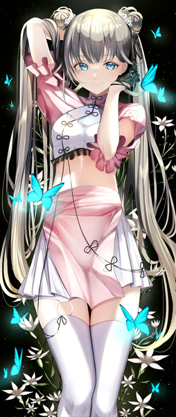 Anime picture 2860x6745 with virtual youtuber vspo! cattleya regina games hanabusa lisa kairi (miry666) single long hair tall image looking at viewer fringe highres blue eyes simple background smile brown hair standing twintails blunt bangs traditional clothes arms up