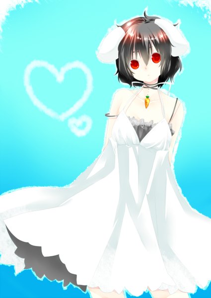 Anime picture 1000x1412 with touhou inaba tewi yutazou single tall image looking at viewer short hair black hair red eyes animal ears girl heart pendant sundress