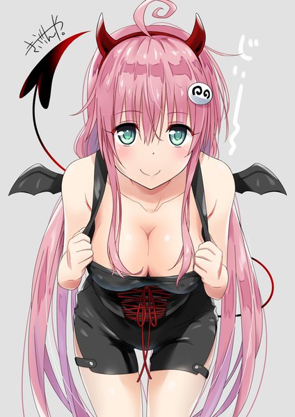 Anime picture 794x1123 with toloveru toloveru darkness xebec lala satalin deviluke murio single long hair tall image looking at viewer blush fringe breasts light erotic simple background smile hair between eyes large breasts bare shoulders signed pink hair